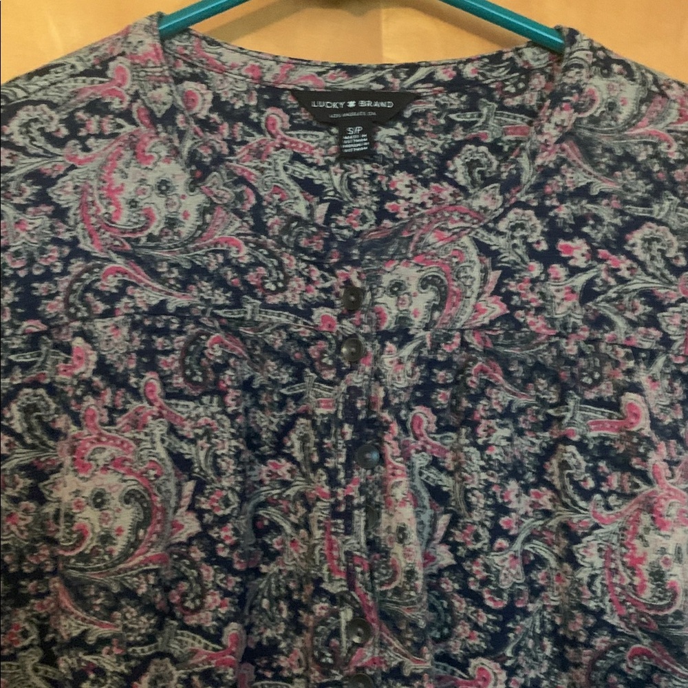 Lucky Brand Navy & Floral Long Sleeve Blouse with Banded Button Sleeves